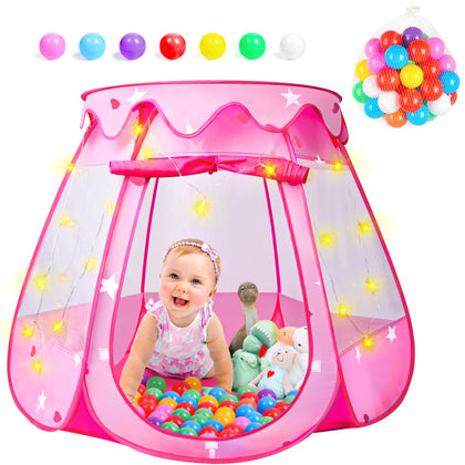 DISHIO Pop Up Princess Play Tent With Star Lights - Ball Pit with 50 Balls for Toddlers - Indoor & Outdoor Playhouse Gift for 1-3 Year Old Girls
