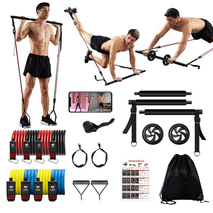 Ultimate Pilates Bar Kit,Portable Home Workout Equipment.,8 Resistance Bands with Ab Rollers,Weight Squats for Thighs and Glutes,Pilates Reformer Exercise for Men and Women