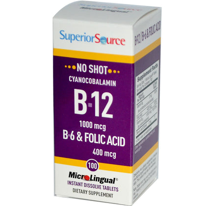 Superior Source No Shot Vitamin B12 Cyanocobalamin (1000 mcg), B6, Folic Acid, Quick Dissolve Sublingual Tablets, 100 Ct, Increase Energy, Healthy Heart, Boost Metabolism, Stress Support, Non-GMO