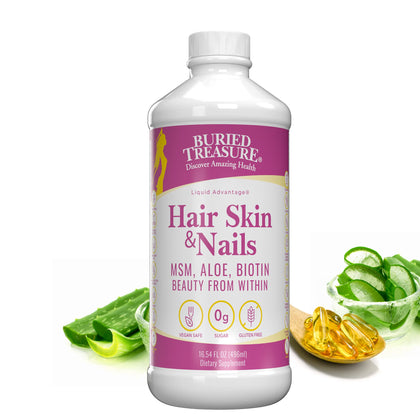 Buried Treasure Hair, Skin and Nails with MSM Biotin Aloe Vera plus Vitamins and Minerals in a High Potency Liquid Whole Food Complex for Fuller Hair, Stronger Nails and Clearer Skin 16 oz