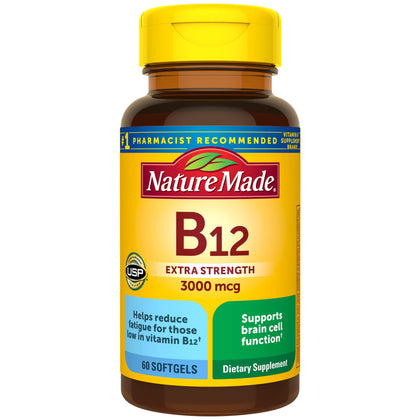 Nature Made Extra Strength Vitamin B12 3000 mcg, Dietary Supplement for Energy Metabolism Support, 60 Softgels, 60 Day Supply, Gluten free, No Artificial Flavors