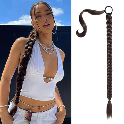 SEIKEA Upgraded Long Braid Ponytail Extension with Elastic Tie Straight Sleek Wrap Around Braid Hair Extensions Ponytail Natural Soft Synthetic Hairpiece Black Brown 34 Inch(After Braided 30 Inch)