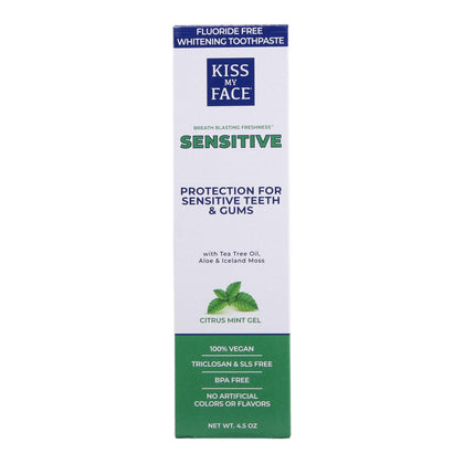 Kiss My Face Sensitive Citrus Mint Gel Toothpaste, Reduces Sensitivity, Removes Plaque And Prevents Tartar, With Added Tea Tree Oil, Aloe, And Echinacea, No Artificial Colors Or Flavors, 4.5 Oz