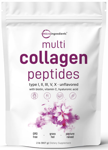 Multi Collagen Protein Powder, 2 Pounds - Type I,II,III,V,X with Biotin 10000mcg, Hyaluronic Acid, Vitamin C - Unflavored Collagen Peptides - Keto & Paleo Friendly, Easy Dissolve, Non-GMO