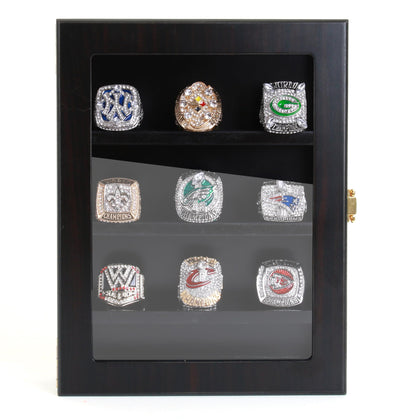 Championship Ring Display Case, 9 Ring Posts Baseball Ring Display Case, 8 x 10 Wooden Championship Ring Display Box with Locks to Show Sport, Classm, Fraternity and Award Rings