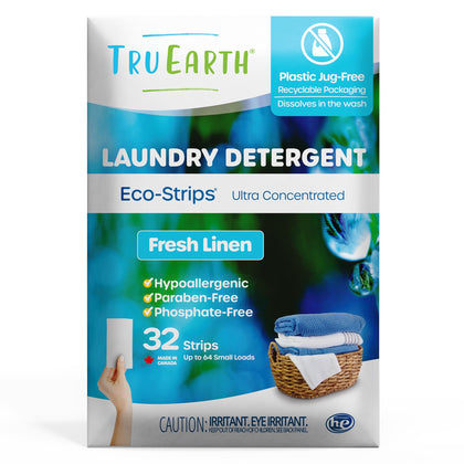 Tru Earth Laundry Detergent Sheets - up to 64 Loads (32 Sheets) - No Plastic Jug - Original Eco-Strip Liquidless Laundry Detergent - Fresh Linen