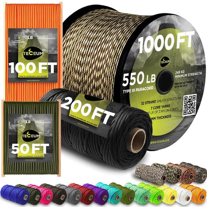 TECEUM Paracord Type III 550 Black -100 ft - 4mm - Tactical Rope MIL-SPEC - Outdoor para Cord -Camping Hiking Fishing Gear and Equipment EDC Parachute Cord Strong Survival Utility Rope 016