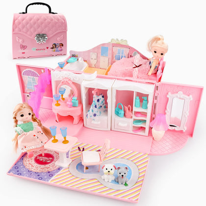 deAO Kids Dollhouse Playset Portable Dollhouse Toy Girls Pretend Playhouse with Furniture & Figures 2 in 1 Playhouse Set Birthday Gifts for Age 3-6 Year Old Kindergarten Toddlers Preschoolers