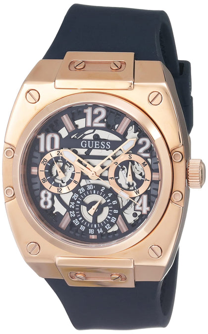 GUESS Men's 43mm Watch - Navy Strap Navy Dial Rose Gold Tone Case