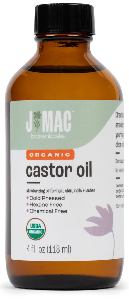 J MAC BOTANICALS Organic Castor Oil Cold Pressed (Glass Bottle, 4 oz, NO DROPPER), pure hexane free castor oil for face, skin, eyelashes