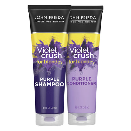 John Frieda Violet Crush Purple Shampoo and Conditioner Set for Blonde Hair, Blonde Toner Neutralizes Yellow Tones for Bleached, Blonde, and Platinum Hair., Enhance Blonde Tones, 8.3 oz (2 Pk Set)
