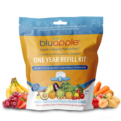 Bluapple Produce Saver Refill Kit - Keep Fruits and Vegetables Fresh Longer, 8 Veggie and Fruit Saver Packets, Each Packet Lasts up to 3 Months, Ethylene Gas Absorber, Made in USA