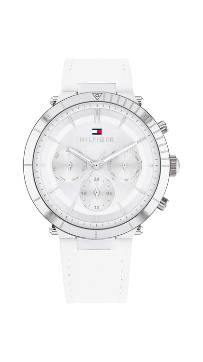 Tommy Hilfiger Women's Qtz Multifunction Stainless Steel and Leather Strap Casual Watch, Color: White (Model: 1782352)