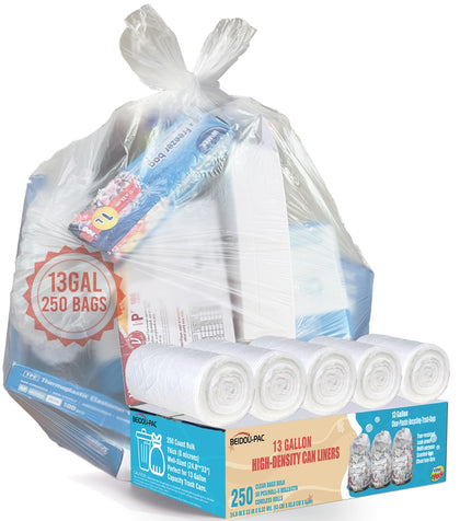 BEIDOU-PAC Trash Bags 13 Gallon, 250 Count Bulk, Clear Plastic Recycling Garbage Bags, Multi-purpose Tall Kitchen Trash Bags Can Liners for Business Home Commercial and Industrial