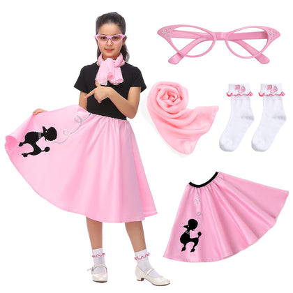 Rabtero Kids Sock Hop Costume, Girls 1950s Dress Costume, 50's Poodle Skirt with Scarf, Glasses and Socks for Girls 12-14, Large, Pink