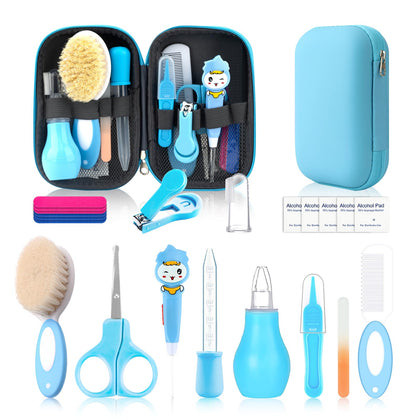 Baby Healthcare and Grooming Kit, 20 in 1 Baby Safety Set Newborn Nursery Health Care Set with Hair Brush Scale Measuring Spoon Nail Clippers Lighting Ear Cleaner for Baby Girls Boys (Blue)