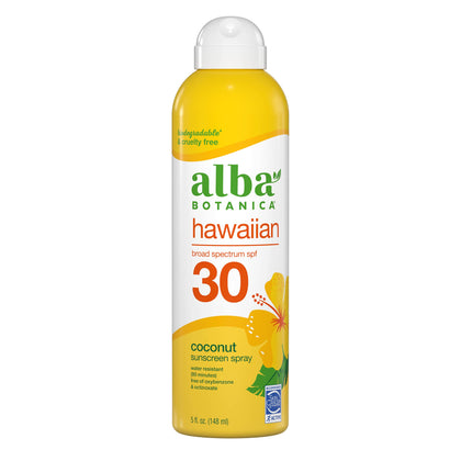 Alba Botanica Sunscreen Spray for Face and Body, Broad Spectrum SPF 30 Sunscreen, Hawaiian Coconut, Water Resistant and Biodegradable, 5 fl. oz. Bottle