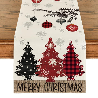 Artoid Mode Red Pine Trees Merry Christmas Table Runner, Winter Xmas Holiday Kitchen Dining Table Decoration for Home Party Decor 13x72 Inch