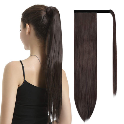 BARSDAR 26 inch Ponytail Extension Long Straight Wrap Around Clip in Synthetic Fiber Hair for Women - Dark Brown