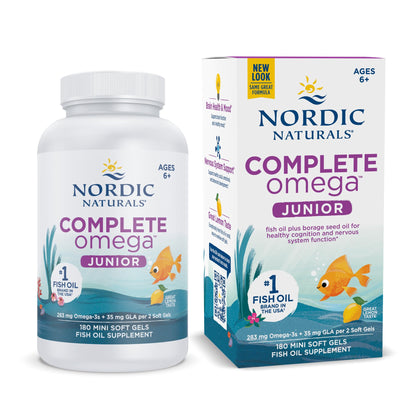 Nordic Naturals Complete Omega Jr., Lemon - 180 Mini Soft Gels - 283 mg Total Omega-3s & 35 mg GLA - Healthy Cognition, Nervous System Function - Non-GMO - 90 Servings