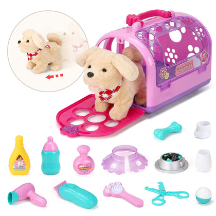 Sotodik Pet Care Play Set Electric Vet Play Set-Walking,Barking,Tail Wagging Little Plush Dog Grooming Toys with Puppy Carrier Feeding Dog Educational Toys for Toddler Kids