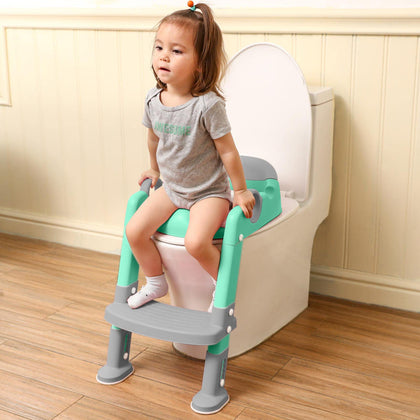 Potty Training Toilet Seat with Step Stool Ladder for Boys and Girls Baby Toddler Kid Children Toilet Training Seat Chair with Handles Padded Seat Non-Slip Wide Step(Green-Gray)