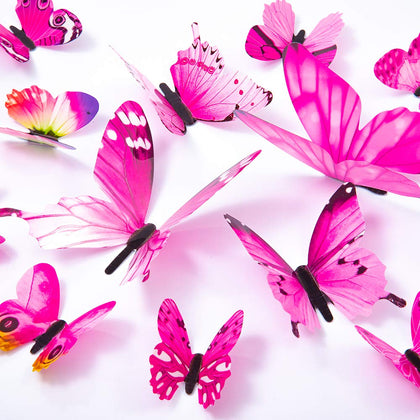 60PCS Butterfly Wall Decals - 3D Butterflies Decor for Wall Removable Mural Stickers Home Decoration Kids Room Bedroom Decor (Pink)