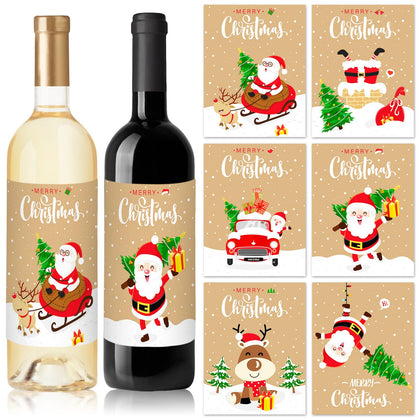 Whaline 30Pcs Christmas Wine Bottle Label Stickers Kraft Cartoon Santa Claus Reindeer Printed Waterproof Wine Bottle Cover Xmas Self- Adhesive Stickers for Christmas Party Decor Supplies, 6 Designs