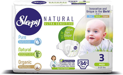 SOHO Sleepy Natural Baby Diapers, Size 3, 34 Count, Made from Organic Cotton and Bamboo Extract, Ultimate Comfort and Dryness, Disposable Diapers Snuggle Diaper