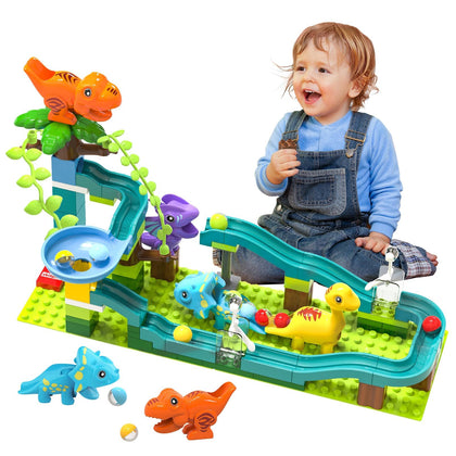 Exclusive Dinosaur Marble Run Building Blocks with Trigger Gravity Hammer Track Race, Compatible Building Brick Maze Game, STEM Educational Learning Toy Super Gift for Boys Girls Ages 4-8