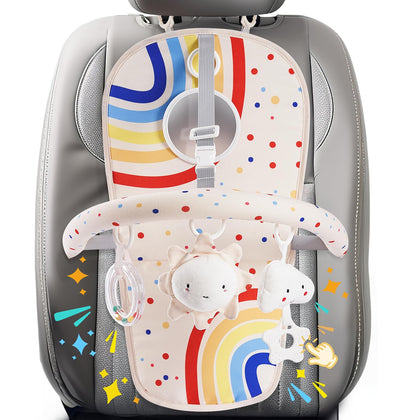 Baby Car Seat Toy, Kick & Play Rear Facing Carseat Toy, Baby Carseat Activity Arch with Mirror Hanging Plush Toys Rattle Teether, Adjustable Sensory Toy for 0-12 Months Baby Girls Boys Gift, Rainbow