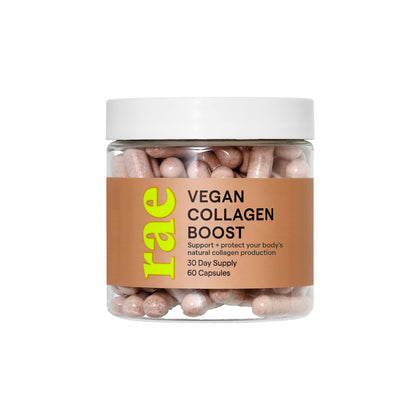 Rae Wellness Vegan Collagen Boost - Collagen Production + Glowing Skin Supplement with Vitamin C & Bamboo Extract - Plant Based Skin Support - 60 Capsules (30 Day Supply)