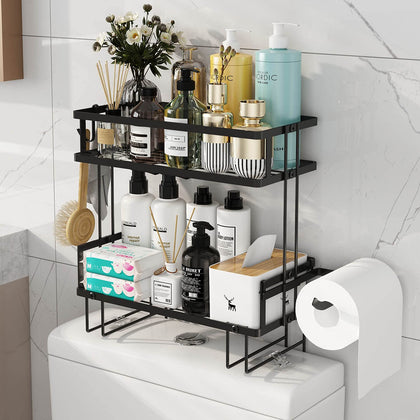 Godboat Bathroom Accessories, Bathroom Organizers and Storage, 2-Tier Over The Toilet Storage, Bathroom Shelf with 2 Hooks, Wall Mounted for Space Saver, Cool Bathroom Decor and Gifts (Black)