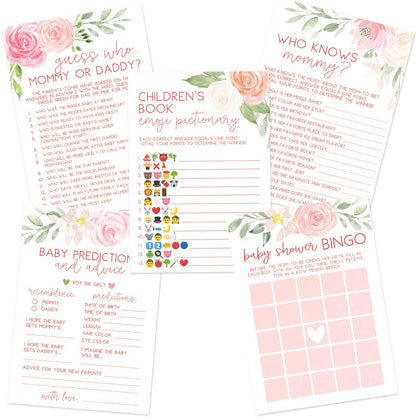 Printed Party Baby Shower Kit, Double Sided Floral Theme, 5 Games and Activities (50 Guest)