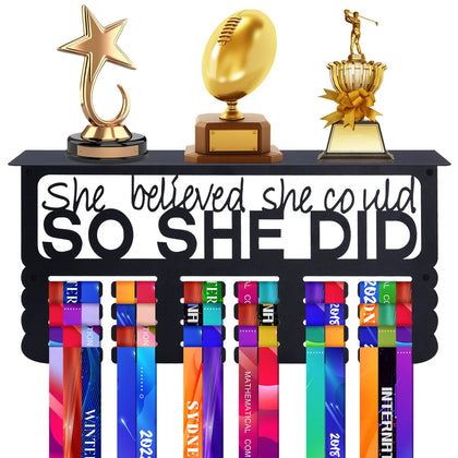 Metal Medal & Trophy Holder- 15.7x 7.9 Inch 4 Rows Medal Hanger Display with Shelf Medal Holder and Trophy Display Hanger Rack Frame Easy to Install Wall Mount for Girls Displaying Over 70 Medals