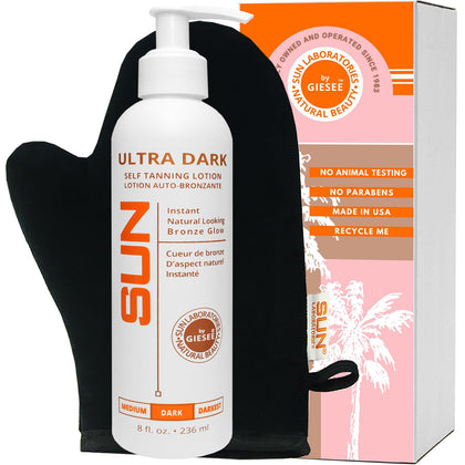 Sun Laboratories Ultra Dark Self Tanning Lotion 8 oz - Organic, Instant Tan Lotion with Tanning Mitt, Face, Body and Leg Makeup, Indoor Tanning with Bronzer, Men's Self Tanner, Sun Skin Care