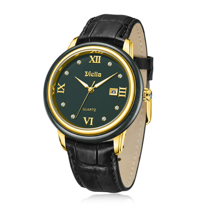 Diella Fashion Dress Watches for Men with Japanese Quartz Movement, Men's Classic Wrist Watches with Black Leather Band, Dark Jade with Gold and Steel Case, Date Luminous Waterproof (Model: AD5002G)