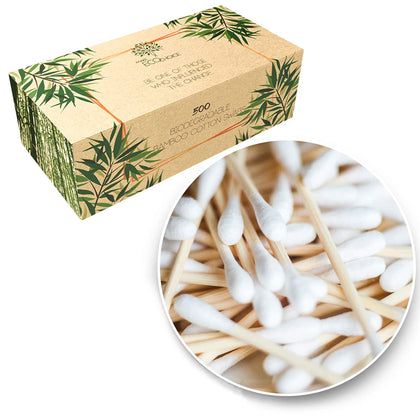 Premium 500 Biodegradable Bamboo Cotton Swabs | Zero Waste Disposable Products | Compostable Q Tips For Ears | Plastic Free Makeup Swab | Safety Wooden Ear Sticks | Eco Friendly Eye Cleaning Utensils
