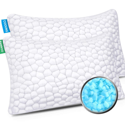 Cooling Bed Pillows for Sleeping 2 Pack Shredded Memory Foam Adjustable Cool BAMBOO Pillow for Side Back Stomach Sleepers -Luxury Gel Queen Size Set of 2 with Washable Removable Cover