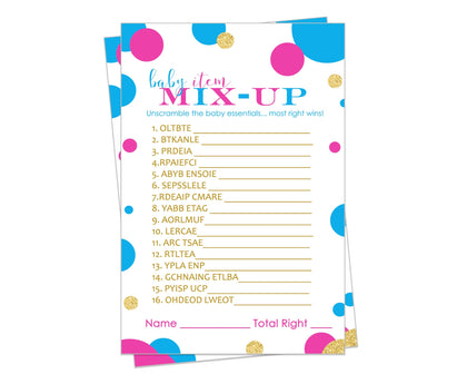 Gender Reveal Baby Shower Word Scramble, Unscramble Guessing Activity Cards for Guests to Play, Pink Blue Gold Party Ideas, 4x6, 25 Pack