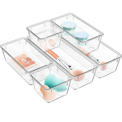 WOWBOX 6 Pack Clear Drawer Organizer Set, Acrylic Drawer Storage Trays, Storage Bins for Makeup, Cosmetics, Jewelries, Utensils, Gadgets, Office