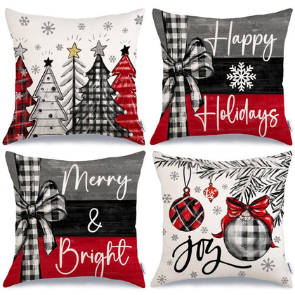 GEEORY Christmas Pillow Covers 18 x 18 Inch Set of 4, Xmas Trees Merry & Bright Happy Holidays Joy Throw Pillowcases Farmhouse Cushion Cases Decorative Party Decoration for Home Sofa G418-18