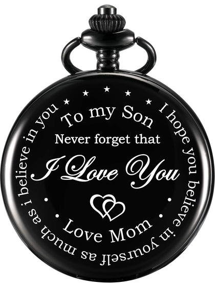 Hicarer Pocket Watch Gift for Son-Never Forget That, I Love You, Love Mom-from Mother to Son Pocket Watch with Chain (Black)