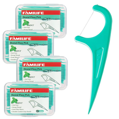 FAMILIFE Floss Picks, 240 Count Mint Dental Floss Picks, Tooth Picks Flossers with 4 Travel Handy Cases, Helps to Fight Tooth Decay and Keep Your Teeth Clean, Floss Sticks for Family