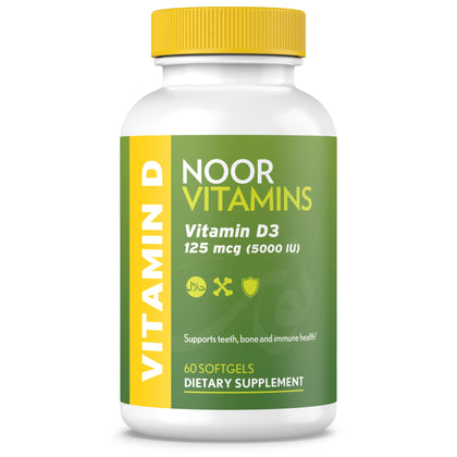 Noor Vitamins Halal Vitamin D, Halal Vitamin D3, 5000 IU Softgels, Supports Bone, Immune & Heart Health, from Safflower Oil to Maximize Absorption, Non-GMO, Gluten Free & Halal (60 Count)
