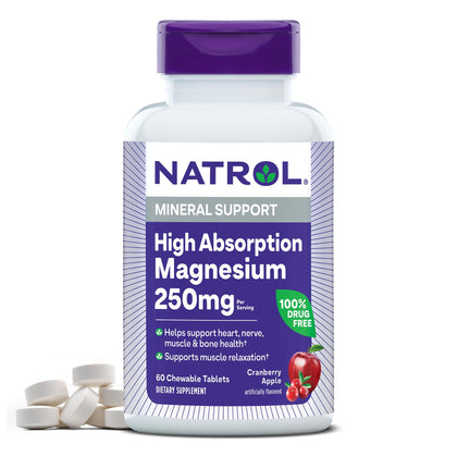 Natrol High Absorption Magnesium Chewable Tablets, Supports Heart, Nerve, Muscle & Bone Health, Cranberry Apple Flavored Dietary Supplement, Drug Free, 60 Tablets