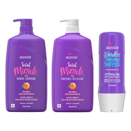Aussie Total Miracle Shampoo, Conditioner and 3 Minute Miracle Deep Conditioner Hair Treatment Bundle, Infused with Apricot and Australian Macadamia Oil, Paraben Free