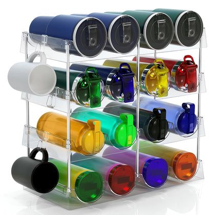 DWWFCC Large Water Bottle Organizer for Cabinet w 8 Hooks - Stackable Clear Bottle Storage Organizer, Acrylic Plastic Tumbler Travel Mug Cup Organizer Holder Wine Rack for Countertop-2oz to 32oz