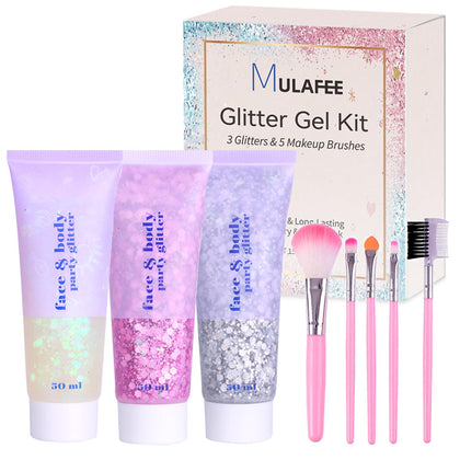 MULAFEE Body Glitter Kit, Mermaid Sequins Face Glitter Gel, Sparkling Chunky Glitter for Eye Lip Hair, 3pcs Body Glitter with Makeup Brushes, Pink+White+Silver