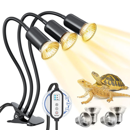 TFNN 2023 Upgrade Reptile Heat Lamp, Three Head Reptile Light with Cycle Timer,UVA UVB Light, dimmable Basking lamp for Tortoise, Bearded Dragon, Lizard, Snake, E26/27 Base with 4 Bulbs (50W)-Black
